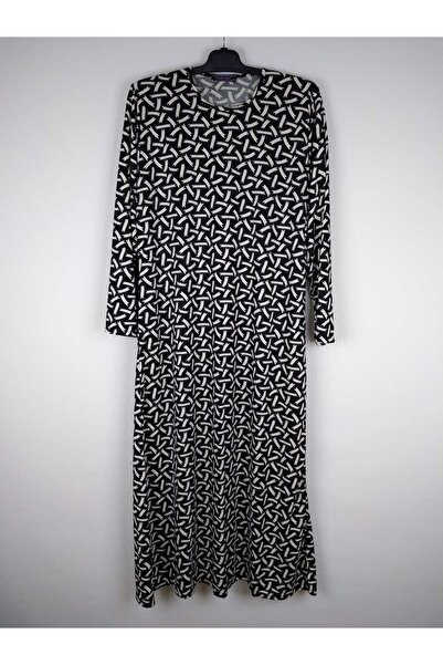 YAŞAR TRİKO Γυναικείο μαύρο μπεζ μοτίβο με λαιμόκοψη με μοτίβο μακρυμάνικο σουέτ εποχιακό χιτζάμπ φόρεμα