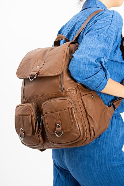 571 Collections Çanta Tan Leather Washed Backpack - Model 571-11-11E