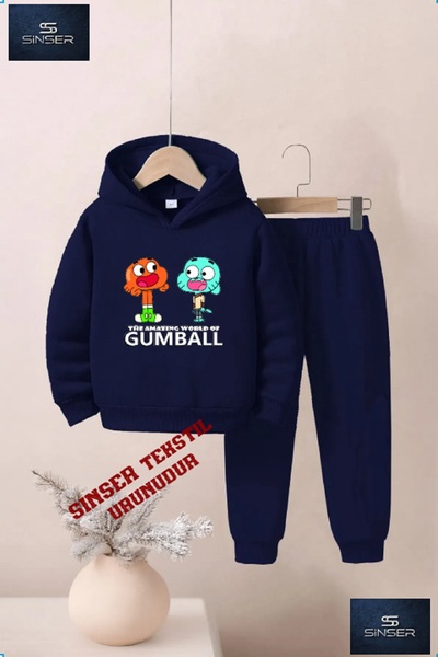 SS SİNSER Hooded Children's Printed Tracksuit Set with "Gumball Syh-Byz Written"
