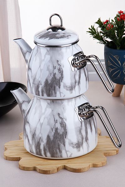 Sezka Life 3.1 L Grey Marble Patterned Enameled Teapot Set