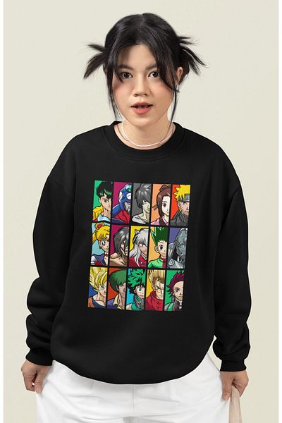 Fuddy Moda Oversize Animes Printed Hoodless Sweatshirt, Unisex Anime Themed Crew Neck Sweatshirt
