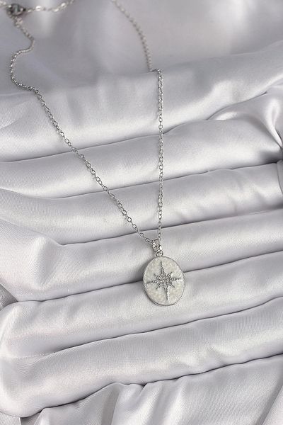 Clariss 316L Steel Silver Color Chain White Enameled Zircon Stone Pole Star Engraved Women's Necklace