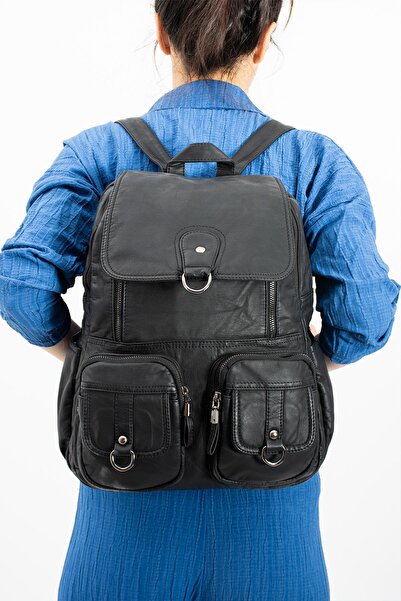 571 Collections Çanta Black Leather Backpack - Washed (Model: 571-11-11E)