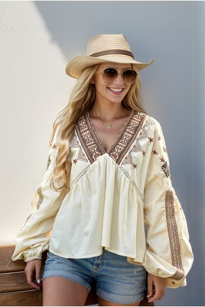 Cassime Καφέ Μπεζ Floral Print - Ethnic Κέντημα Μακριά Βαμβακερή Γυναικεία Μπλούζα