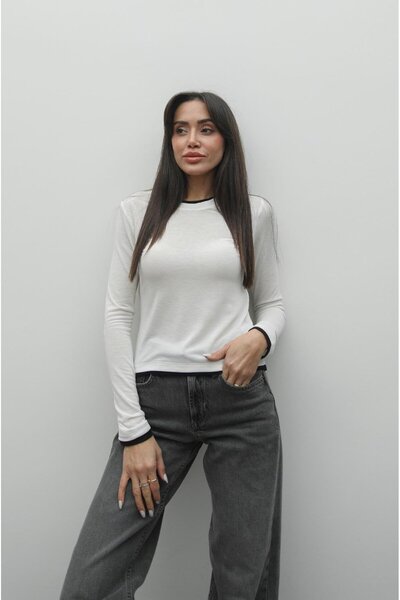 Havoş Ecru Black Bias Crew Neck Blouse