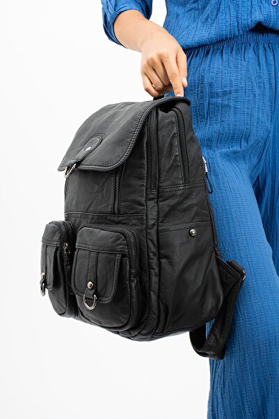 571 Collections Çanta Black Leather Backpack - Washed (Model: 571-11-11E)