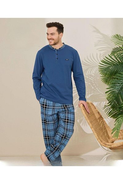 Pijamoni Set pijama subțire pentru bărbați, bumbac, guler cu nasturi, mânecă lungă 100/4 - 1 bucată
