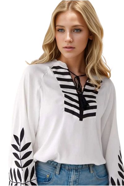 Cassime Women's White Poplin Black Embroidery Ethnic Cotton Blouse