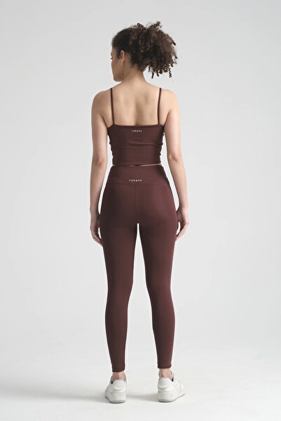 robanu Yüksek Bel Spor Tayt & Askılı Krop Takım | Kahverengi Esnek Destekli Kaplı Spor Sütyeni ve Tayt Takı