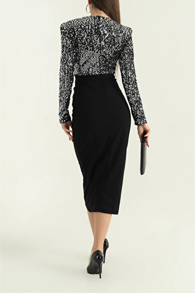 vuvutasarım New Season Padded Sequin Double Breasted Neckline Crep Dress