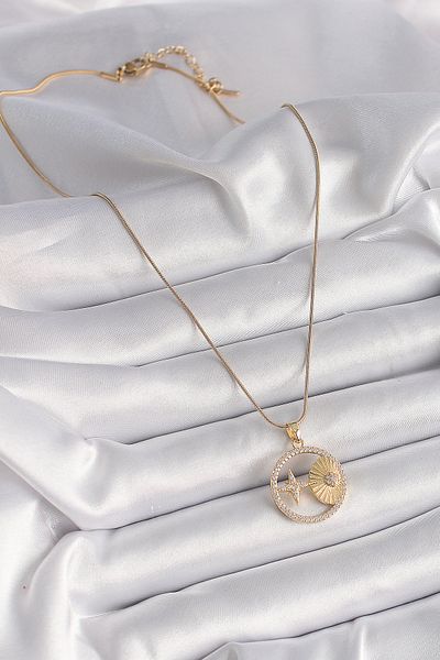 NEZADE STORE 316L Steel Gold Color Chain Zircon Stone Star Engraved Medallion Model Women's Necklace - Lisinya