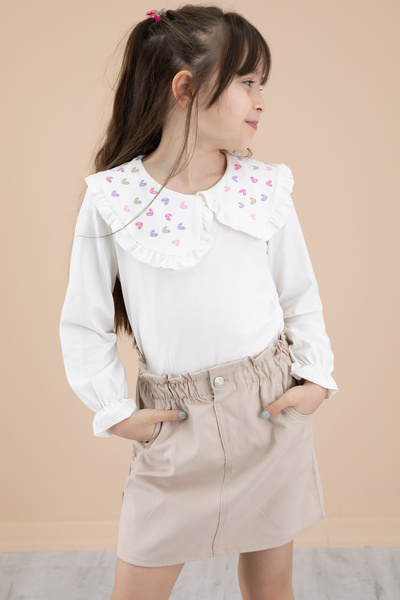 Cansın Mini Cream Collar Heart Embroidered Badi Jean Skirt Girl's Suit 20334