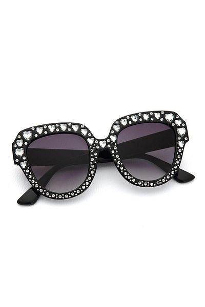 TomyHelf Women's Sunglasses - Square Frame, Heart Embroidered Black Glass