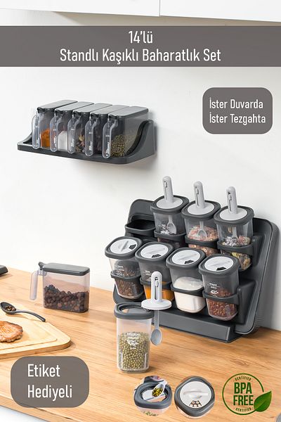 Porsima 8-Piece and 6-Piece Label Self-Adhesive Countertop Spoon Stand Swivel Lid Spice Rack Set
