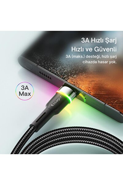 essager Led Işıklı 2 Metre 3a Usb To Type-c Ultra Hızlı Şarj Kablosu,dayanıklı Renkli Led Işıklı Kab