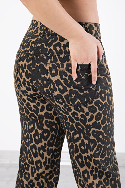 Cansın Mini Siyah Leopar Desenli Geniş Paça Kız Çocuk Keten Pantolon 20315