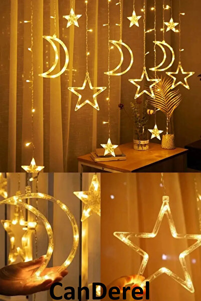 Jetcom Ay Yıldız Saçak Perde Parti Yılbaşı Led Işık Animasyonlu Elektrikli Fişli