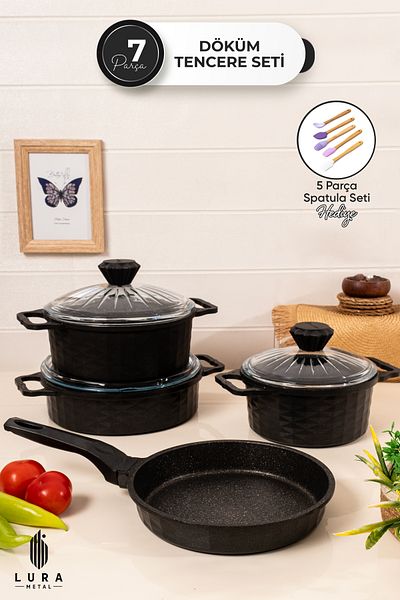 Skygo 7 Pieces Granite Cast Black Cookware Set - 3 Layers Granite Finish 28 cm