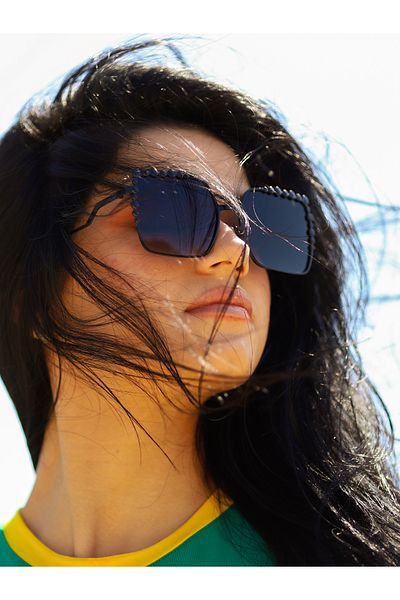 TomyHelf Pearl Square Black Frame Black Glass Women's Sunglasses