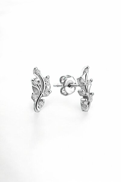 jelux silver Gümüş 925 Ayar Minimalist Zirkon Taşlı Dal Model Çivili Gümüş Küpe