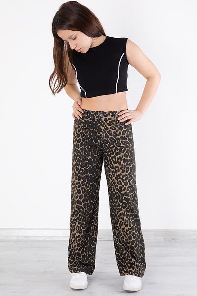 Cansın Mini Black Leopard Print Wide Leg Girl's Linen Trousers 20315