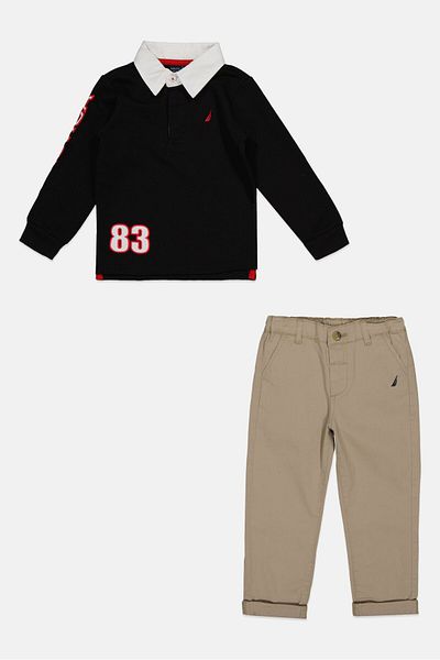 Nautica Toddlers Boy 2 Pieces Embroidered Long Sleeve Polo Shirt And Pants Set, Black