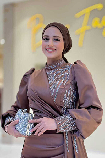 Bym Fashion Stoned Tail Detail Evening Dress 7044 Brown