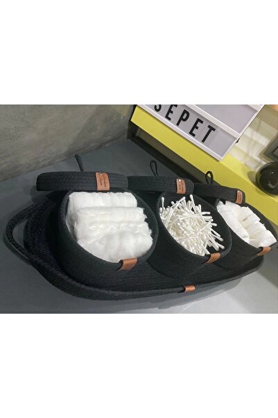 Sevdam Sepet Siyah Üçlü Banyo Sepet Set + Ip Tepsi, Dekoratif Sepet, Pamukluk, Pamuk Sepeti, Kulak Çöpü Sepeti