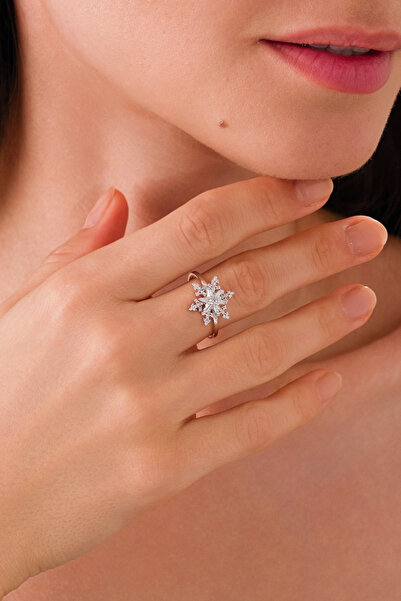 Ricco Jewellery 14 K White Gold Kaplama 925 Ayar Gümüş Kar Tanesi Döner Yüzük