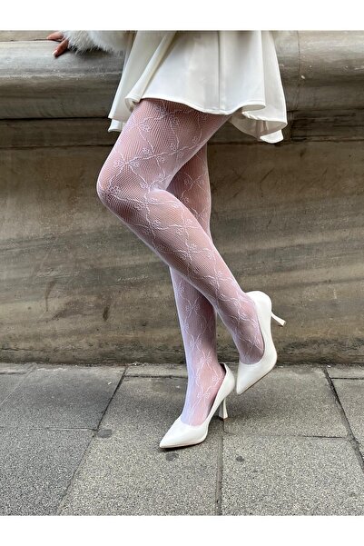 MATHILDA White Imported Patterned Women's Pantyhose - Ribbon Patterned