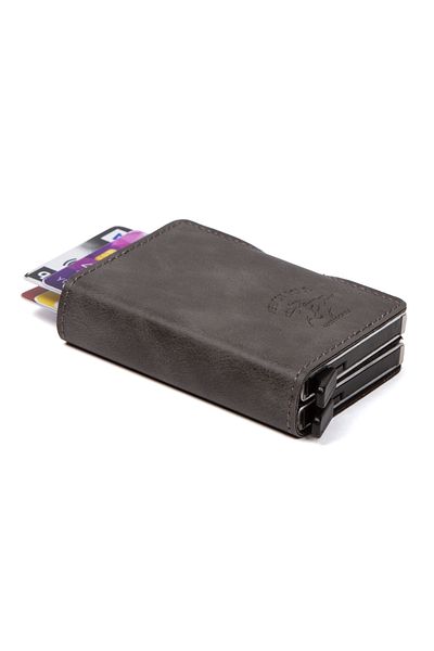 Newish Polo Gray Leather Automatic Card Anti-Shooting Aluminum Double Mechanism Card Holder and Wallet