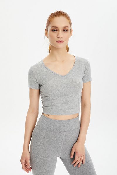 bilcee Tricou sport pentru femei, gri Melange, din bumbac, cu mânecă scurtă, lungime scurtă, 0601
