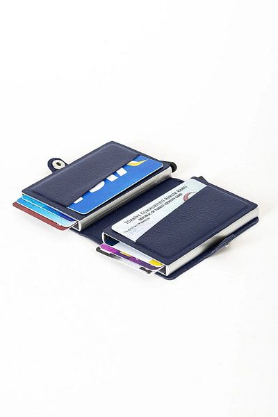 Newish Polo Suport și portofel pentru carduri cu mecanism dublu din aluminiu, din piele albastru bleumarin