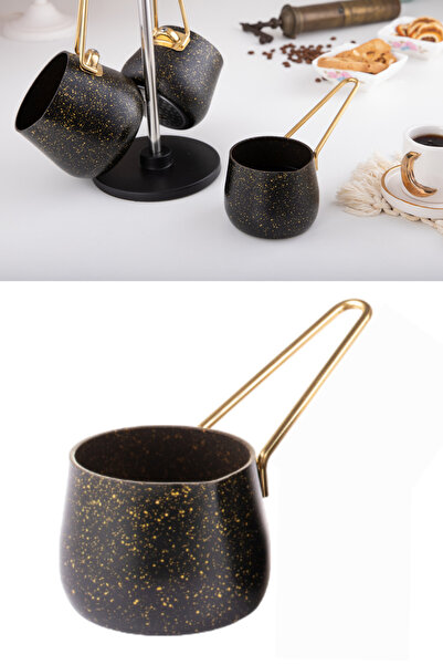 Evren Siyah Yuvarlak Cezve No:3 (KAPASİTE: 3 KAHVE FİNCANI) Gold Çelik Kulp