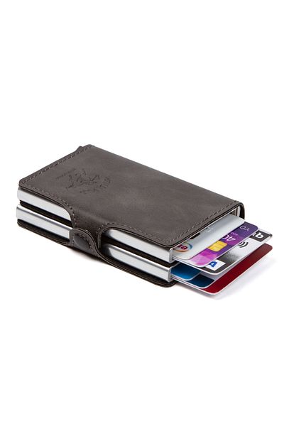 Newish Polo Gray Leather Automatic Card Anti-Shooting Aluminum Double Mechanism Card Holder and Wallet
