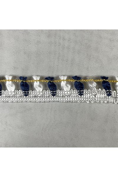 Bukle İplik Blue and White Sequential Tassel Gold Striped Decorative Ribbon - 2 cm Width (5 Meters)