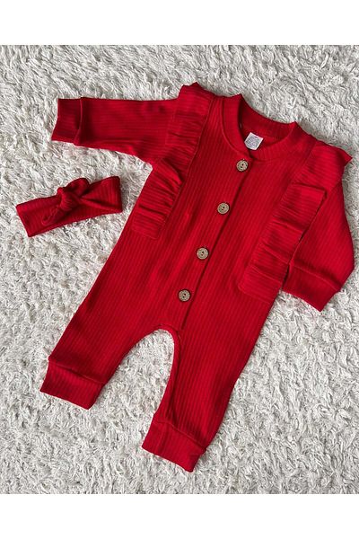 MBK GARDEN Rib Red Ruffled Seasonal Baby Romper - Bandana, Newborn/3/6/9 Months