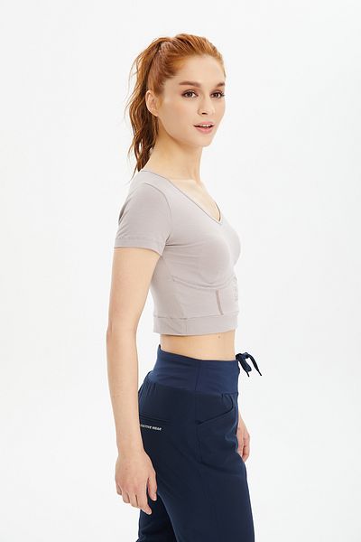 bilcee Tricou pentru femei, din bumbac liliac, cu mânecă scurtă, lungime scurtă, pentru sport, 0601