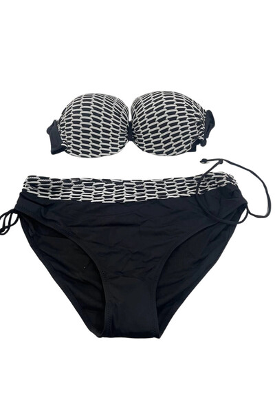 hazelin Kadın Beyaz Zincir Desenli Büyük Beden Astarlı Siyah Bikini Takım HZL25S-LC3303