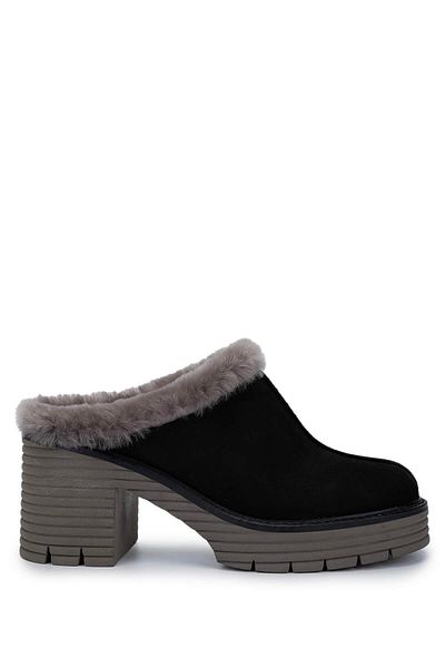 Tamer Tanca Women's Genuine Leather Black Nubuck Heeled Slippers