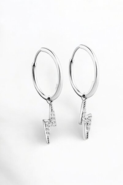jelux silver Gümüş 925 Ayar Zirkon Taşlı Halkalı Şimşek Model Küpe