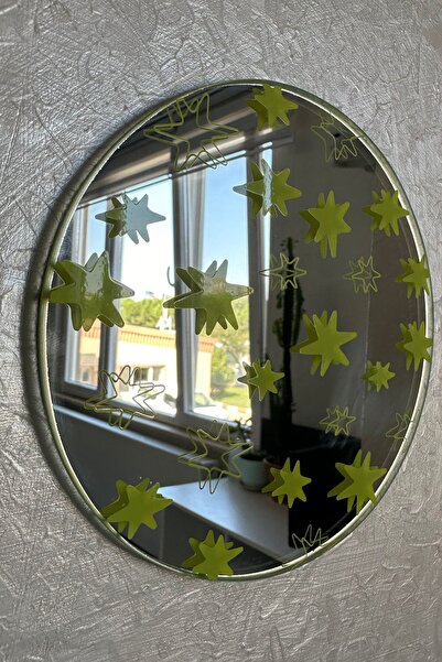 Ortakçı Design Echo Deco Yıldız Desenli Baskılı Yuvarlak Dekoratif Ayna Yeşil...