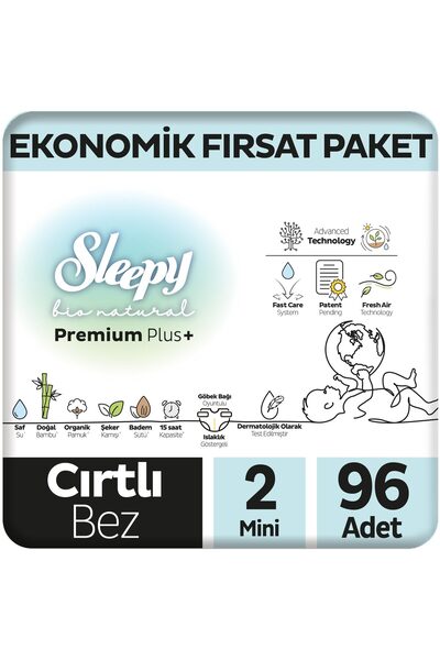 Sleepy Bio Natural Premium Plus Ekonomik Fırsat Paketi Bebek Bezi 2 Numara Mini 96 Adet