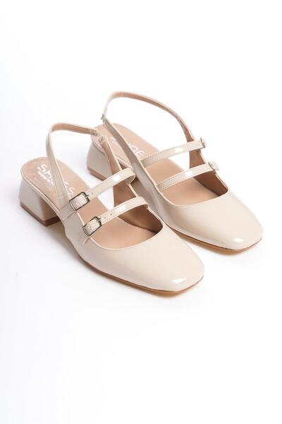Bak Store Mary Jane Beige Patent Leather Open Back Blunt Toe Short Heeled Shoes