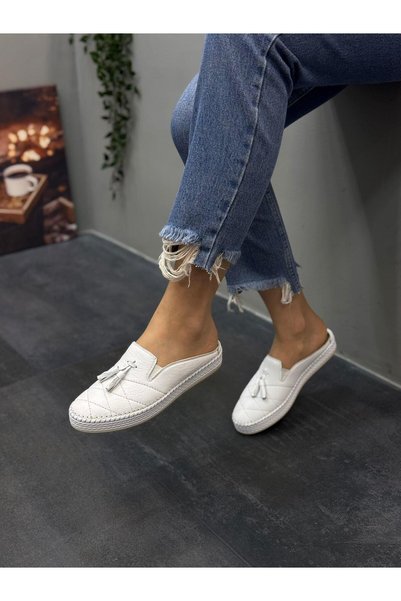 DİVA Diva White Leather Tasseled Women's Casual Slippers