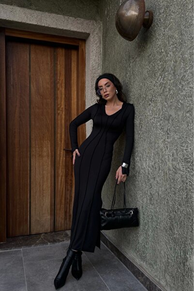 Eka Kadın Siyah Ters Dikiş Elbise 1007-4773