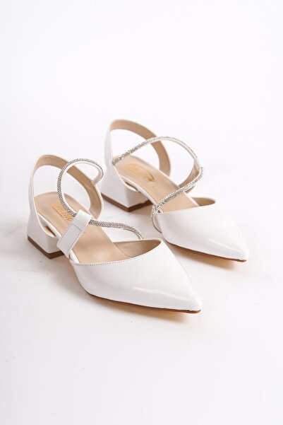 Bak Store Tight Mold White Patent Leather Stone Detailed Pointed Toe Thick Short Heeled Women's Shoes