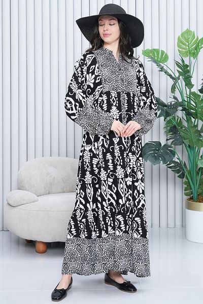 AYASOFYA OTANTIK Women's Black and White Button Detailed Placket Collar Ethnic Print Loose Balloon Sleeve Long Dress
