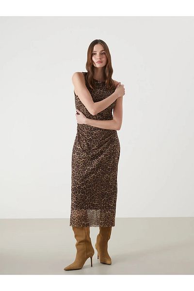 LC Waikiki Γυναικείο φόρεμα LCW Vision Brown Crew Leopard Print