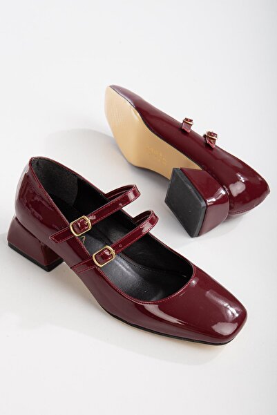 Bak Store Mary Jane Cherry Burgundy Patent Leather Blunt Square Toe Short Thick Heeled Shoes